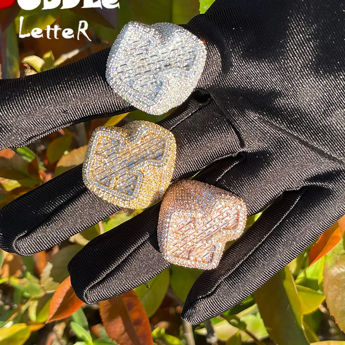 Authentic Bubble Letter Baguette Cross Rings for Men Iced Out Finger Charms Real Gold Plated Prong Setting Hip Hop Jewelry