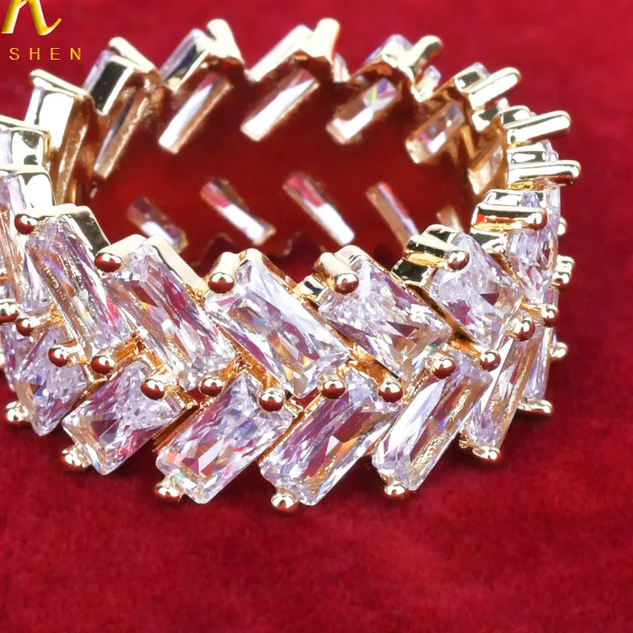 Authentic 2 Row Baguette Zircon Men's Ring Copper Charms Gold Color Fashion Hip Hop Rock Jewelry