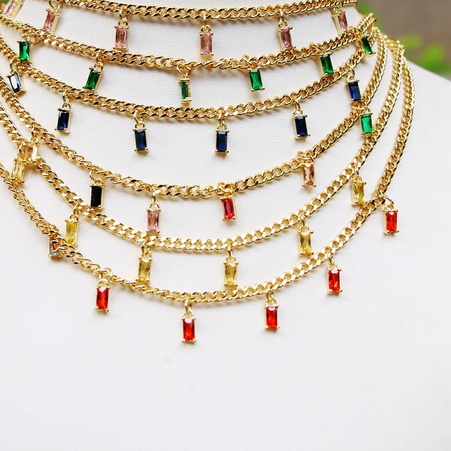 Authentic 5PCS, Vintage Gold Chunky Chain Necklaces For Women Baguette CZ Drop Charms Choker Pendant Layered Necklace Set Jewelry