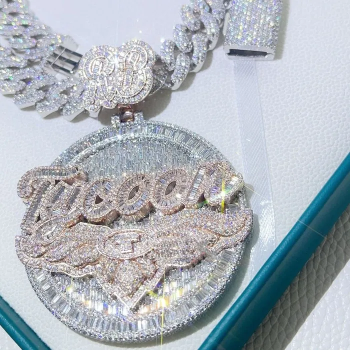 Authentic Custom Made Rose Gold Plating Sterling Silver Pendant Baguette Vvs Moissanite Diamond Hip Hop Iced Out Necklace Chain Jewelry