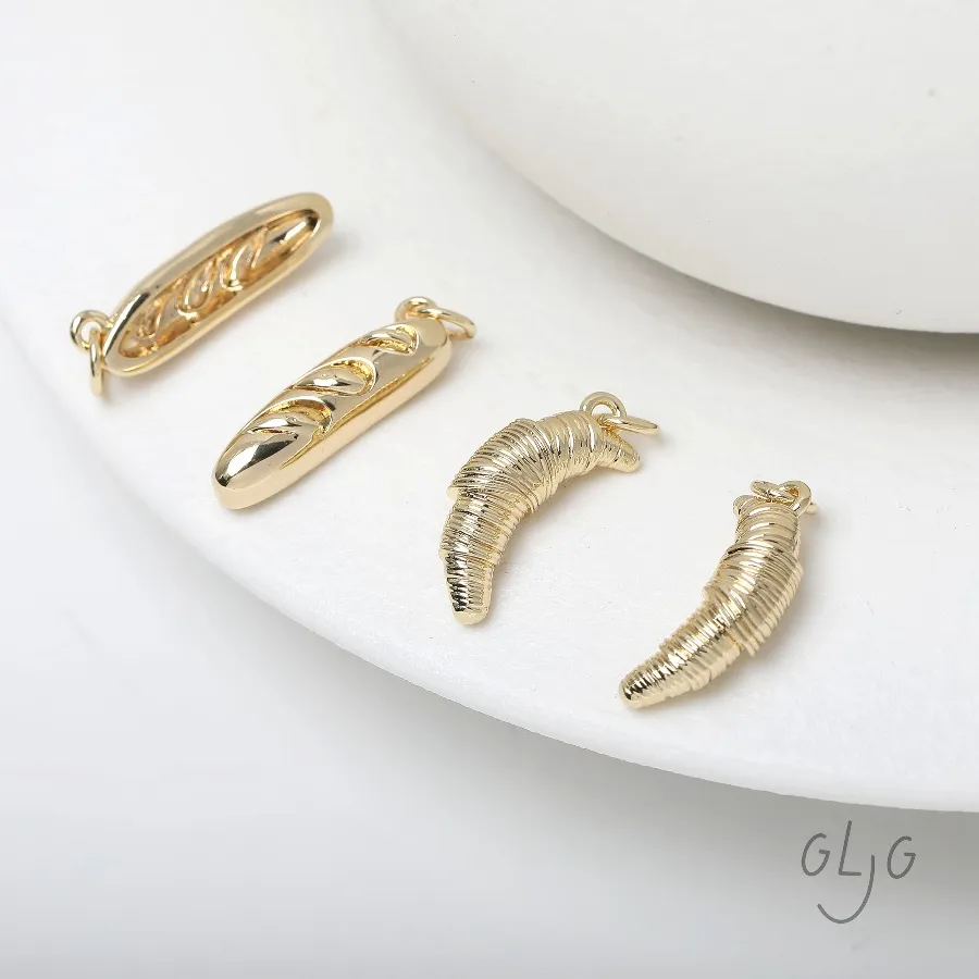 Authentic 2PCS Dainty Baguette Bread Croissant Charms for Jewelry Findings Making Eardrop Supplies DIY Brass 14k Gold Plated Accessories