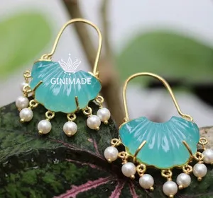 Authentic Whispers of the Ancients: Aqua Chalcedony Ginkgo Leaf Earrings