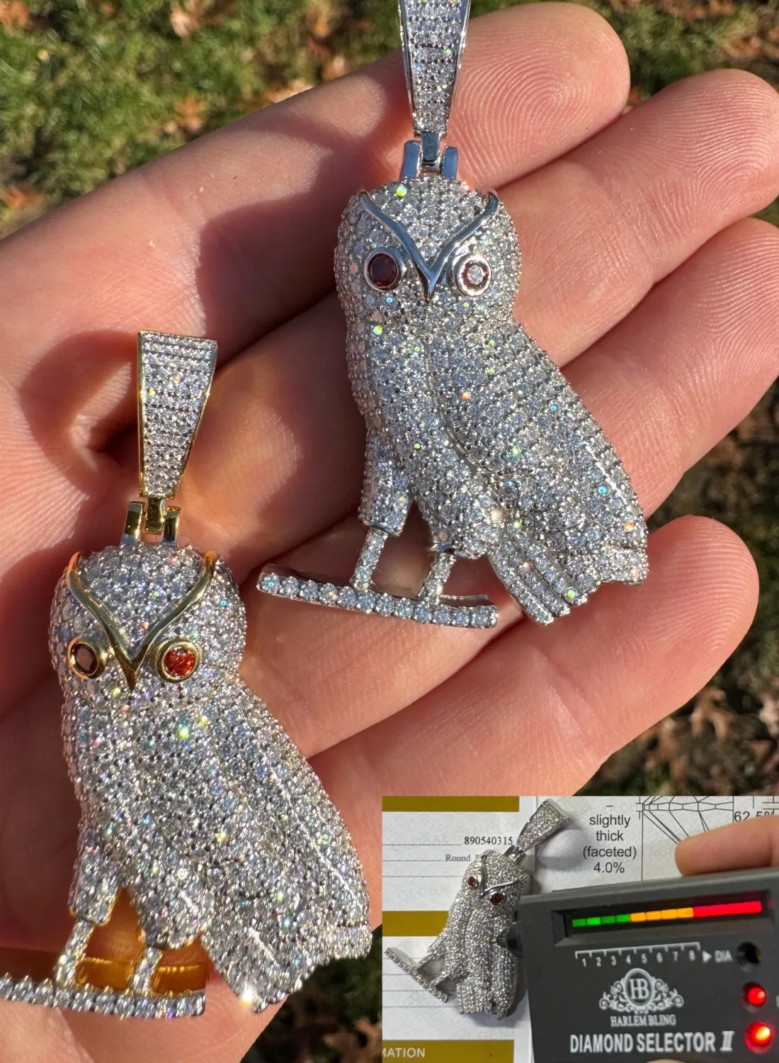 Authentic Iced MOISSANITE 925 Silver Gold Plated Hip Hop Owl Pendant Rapper OVO Necklace