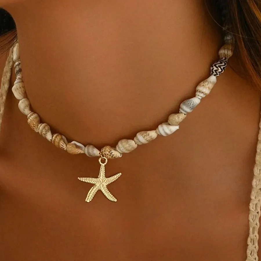 Authentic Beach Style Seashell Necklace for Women Handmade Natural Conch Pendant Beaded Choker Ocean Style Starfish Necklace Jewelry