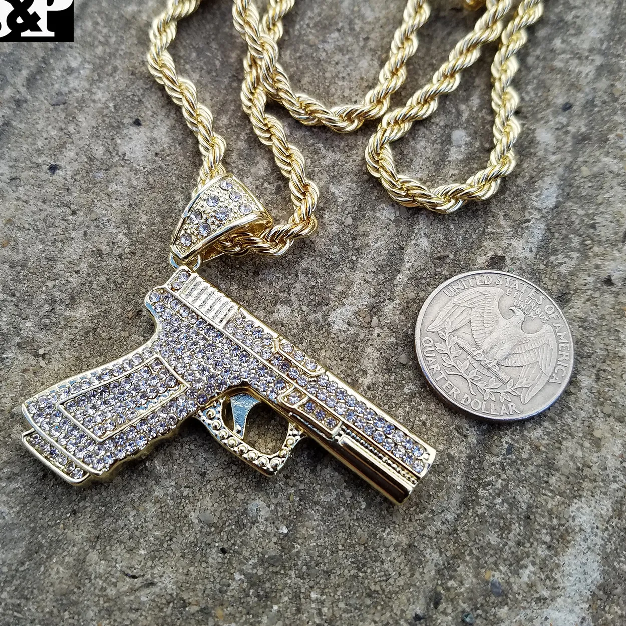 Authentic Men Hip Hop Full Iced Rapper's Gold plated Big Hand Gun Pendant Bling Necklace