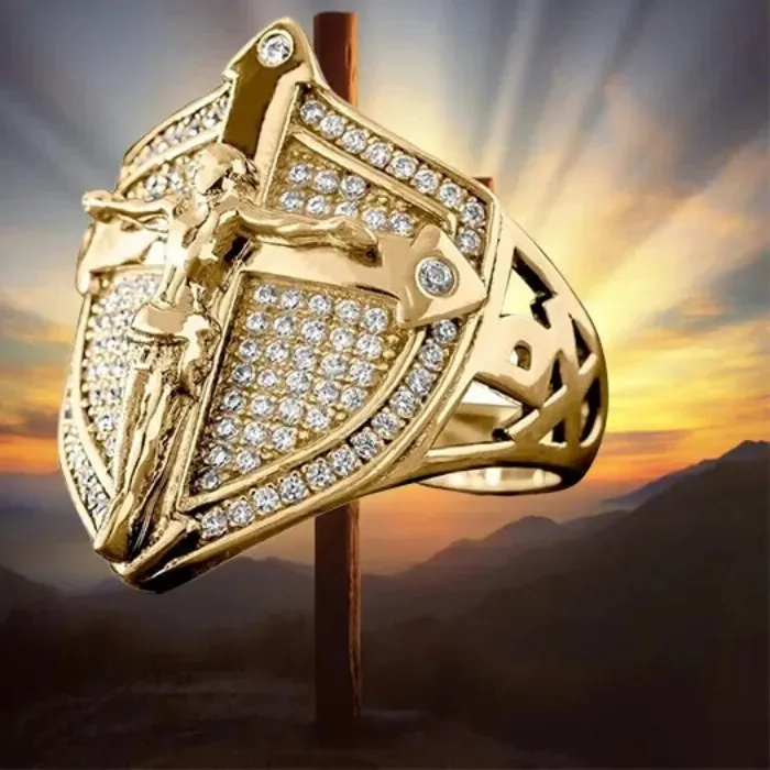 Authentic MEN JESUS CROSS SHIELD HIP HOP RAPPER GOLD PLATED LUXURY PINKY RING SIZE 8 ~ 12