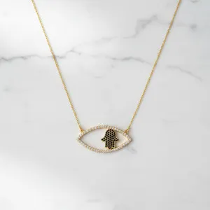 Authentic Protective Harmony: 18K Gold Plated Hamsa Evil Eye Pendant Necklace