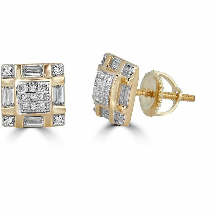 Authentic Men 14k Gold Plated REAL 925 Silver 8mm Stud Square Earrings Baguette Rapper CZ
