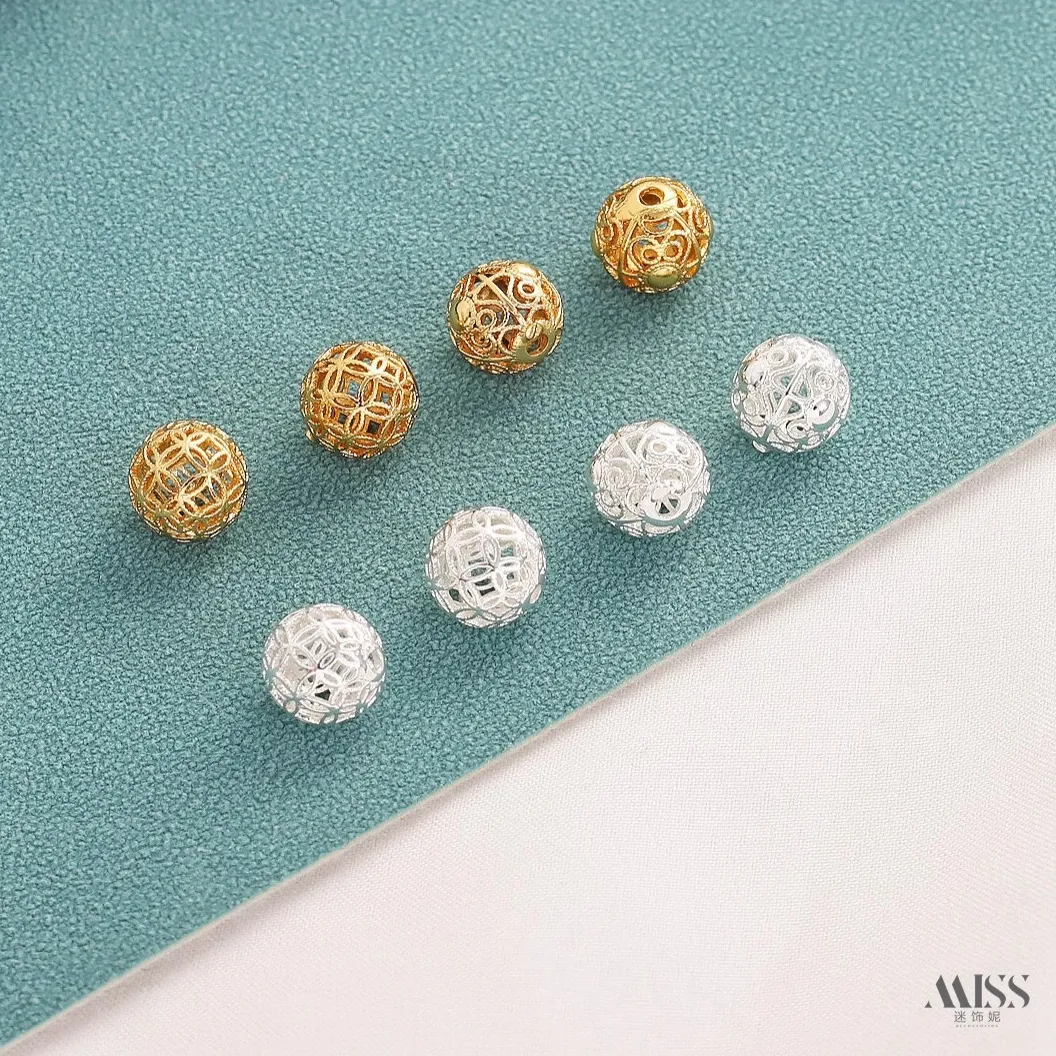 Authentic 18K Real Gold Plated Thick Silver 8mm Hollow Coin Beads Flower Ball Spacer Beads For DIY Jewelry Findings