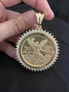 Authentic 2Ct Simulated Diamond 50 Pesos Moneda Coin Charm Pendant 14K Yellow Gold Plated