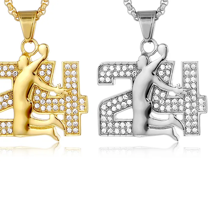 Authentic Hip Hop Bling Iced Out Stainless Steel Basketball Slam Dunk Number 24 Pendants Necklace for Men Rapper Jewelry Gold Silver Color