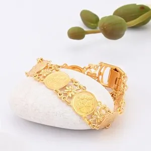 Authentic Hibiscus Coin Medallion Link Bracelet 24K Gold Plated