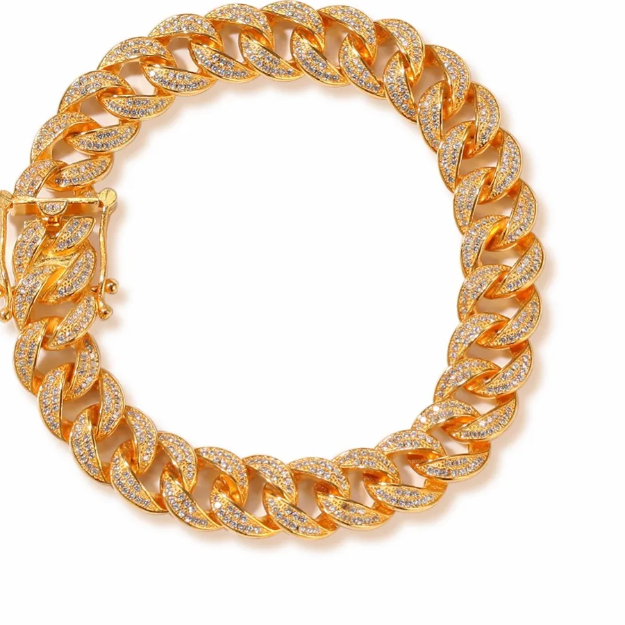 Authentic S925 Sterling Silver AAA CZ Cubic Zirconia Bling Iced Out Round Gold Cuban Chain Bracelets for Men Hip Hop Rapper Jewelry