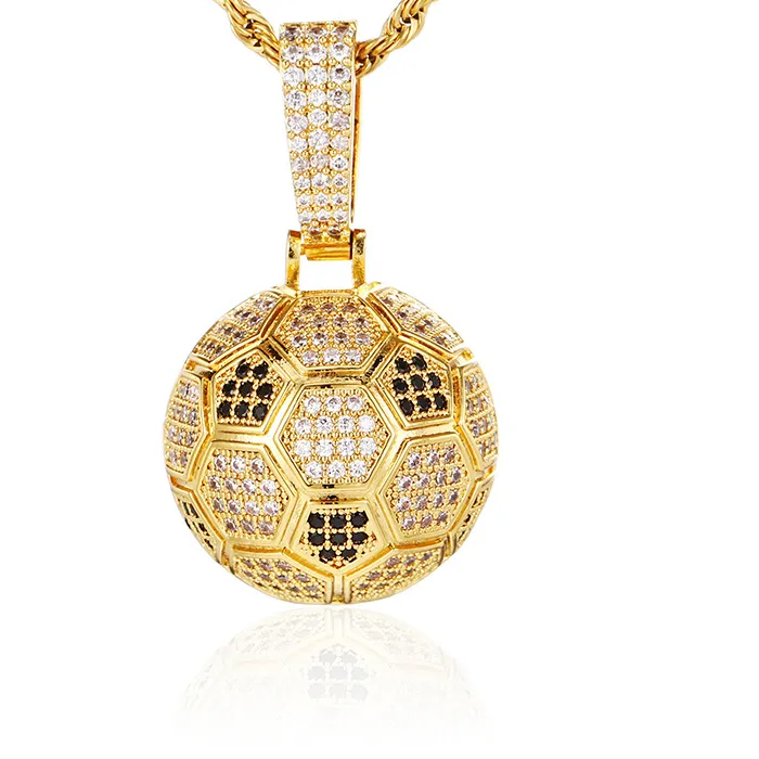 Authentic Hip Hop Full CZ Stone Paved Bling Iced Out 3D Football Pendants Necklaces for Men Rapper Jewelry Gold Silver Color