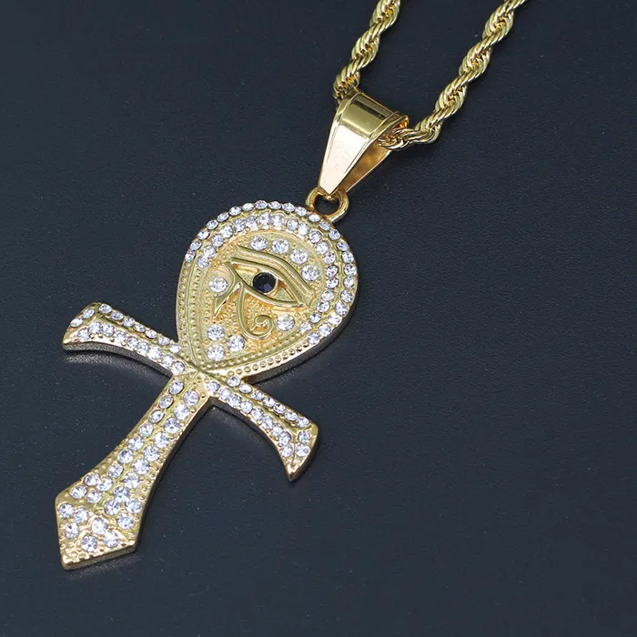 Authentic Hip Hop Bling Iced Out Eye Of Horus Ankh Cross Pendants Necklace Rapper Jewelry Gold Silver Color
