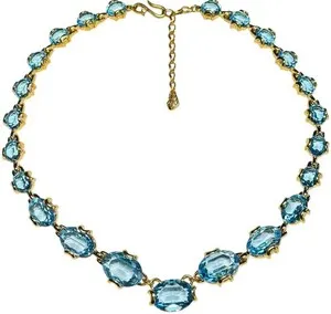 Authentic Swarovski Swan Signed Gold Plated Necklace with Aqua Marine Blue Crystals