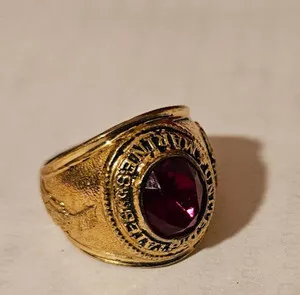 Authentic UNITED STATES MARINE CORPS GOLD PLATED MENS RING WITH SYNTHETIC RED RUBY STONE