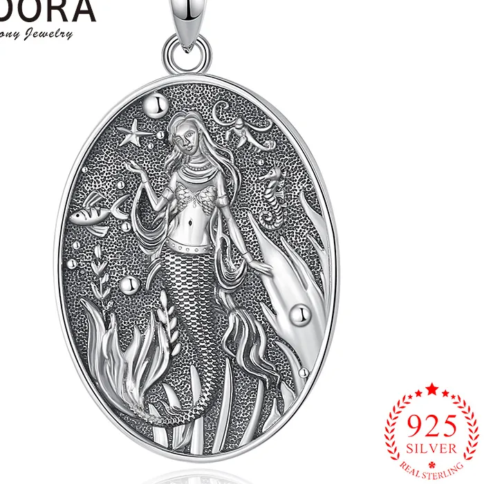 Authentic Eudora 925 Sterling Silver Mermaid Necklace Embossed Marine Animal Pendant Jewelry Exquisite