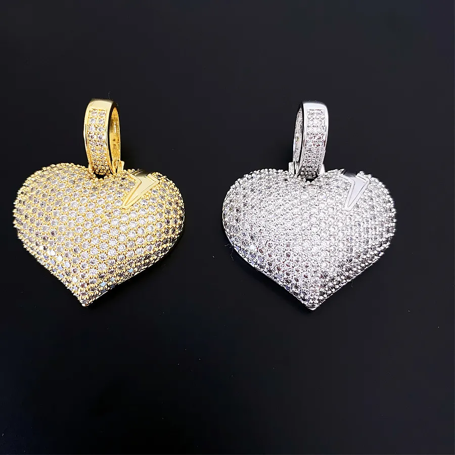 Authentic Hiphop Iced Bling 5A Zircon Heart Pendant 14K Gold Plated Rapper Jewelry Cubic Zirconia Love Charm Pendant with Steel Chain 24in