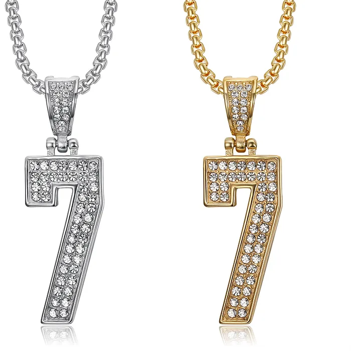 Authentic Hip Hop Bling Iced Out Stainless Steel Number 7 Pendants Necklace for Men Rapper Jewelry  Gold Silver Color