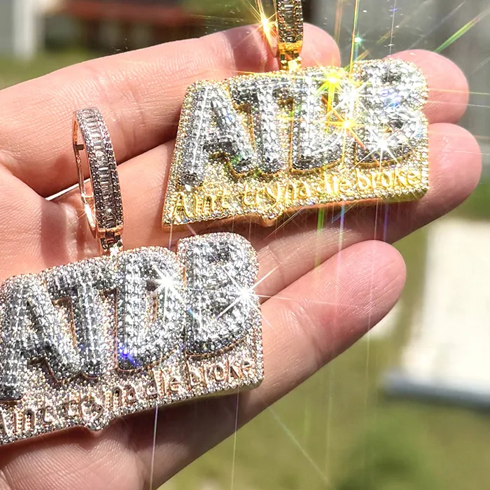Authentic Hip Hop 3A+ CZ Stone Paved Bling Lced Out ATDB Letter Pendants Necklace For Men Charm Rapper Jewelry Rose Gold Silver Color