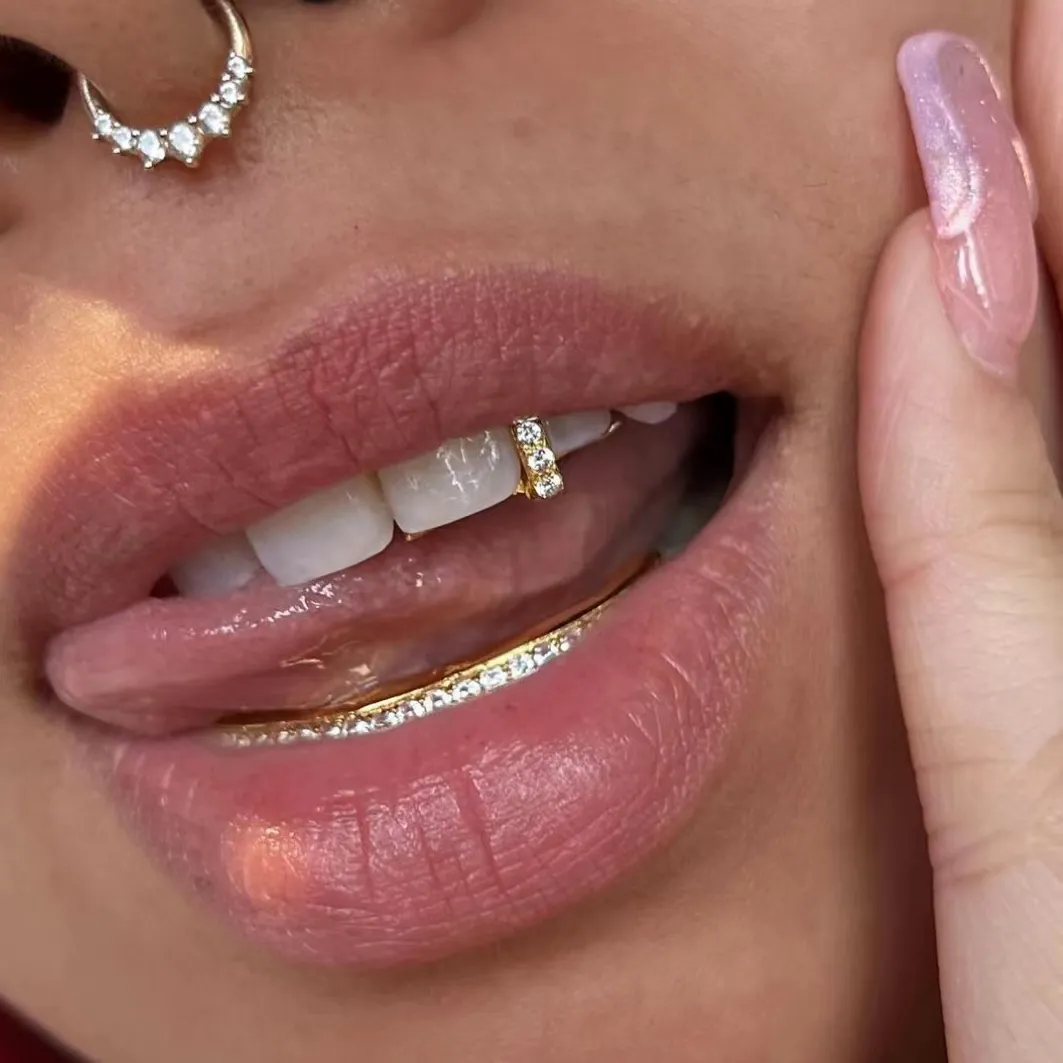 Authentic RACHELZ Hip Hop Single Vertical Bar Colorful Zircon Teeth Grill Punk 14K Gold Plated Tooth Caps Decor For Women Men Jewelry