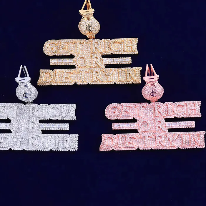 Authentic Hip Hop 3A+ CZ Stone Paved Bling Iced Out Get RICH MONEY Bag Pendant Necklace for Men Rapper Jewelry Rose Gold Silver Color