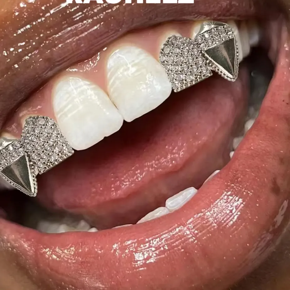 Authentic RACHELZ Double Vampire Fangs Zircon Teeth Grillz Hip Hop Glossy Tooth Caps For Jewelry Party Wearable Dental Grills