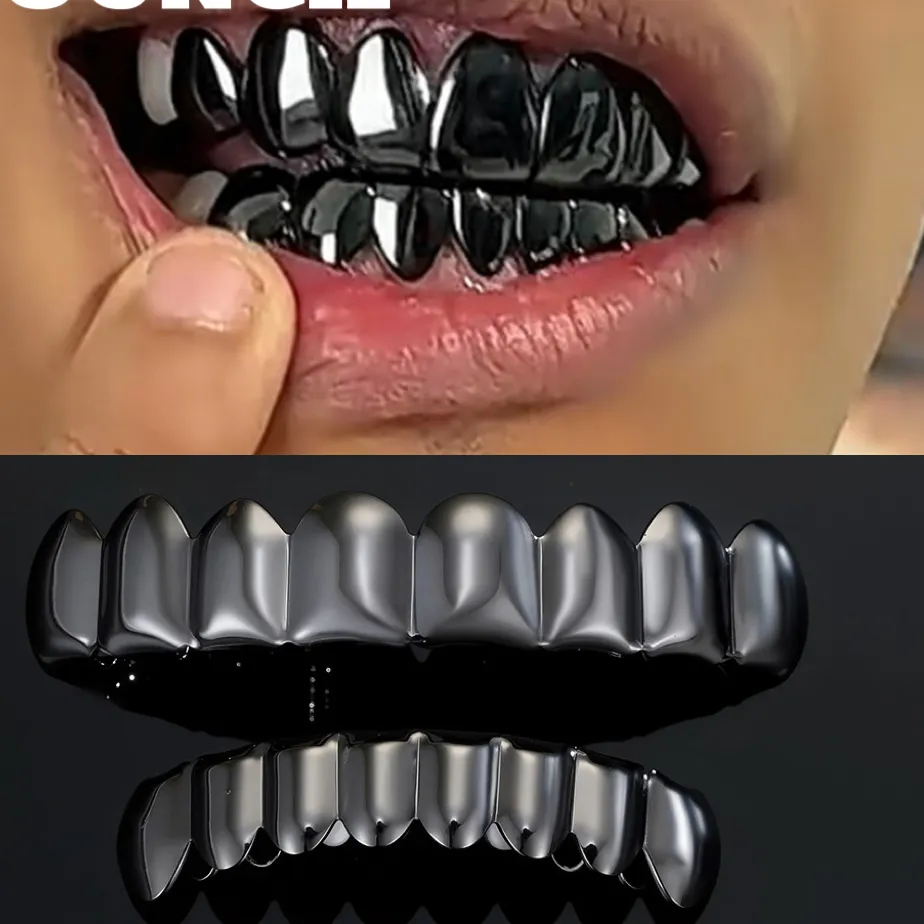 Authentic YOUNGX Top Bottom Smooth Black Color Teeth Grillz Braces Hip Hop Glossy Tooth Caps For Women Men Jewelry Wearable Dental Grills