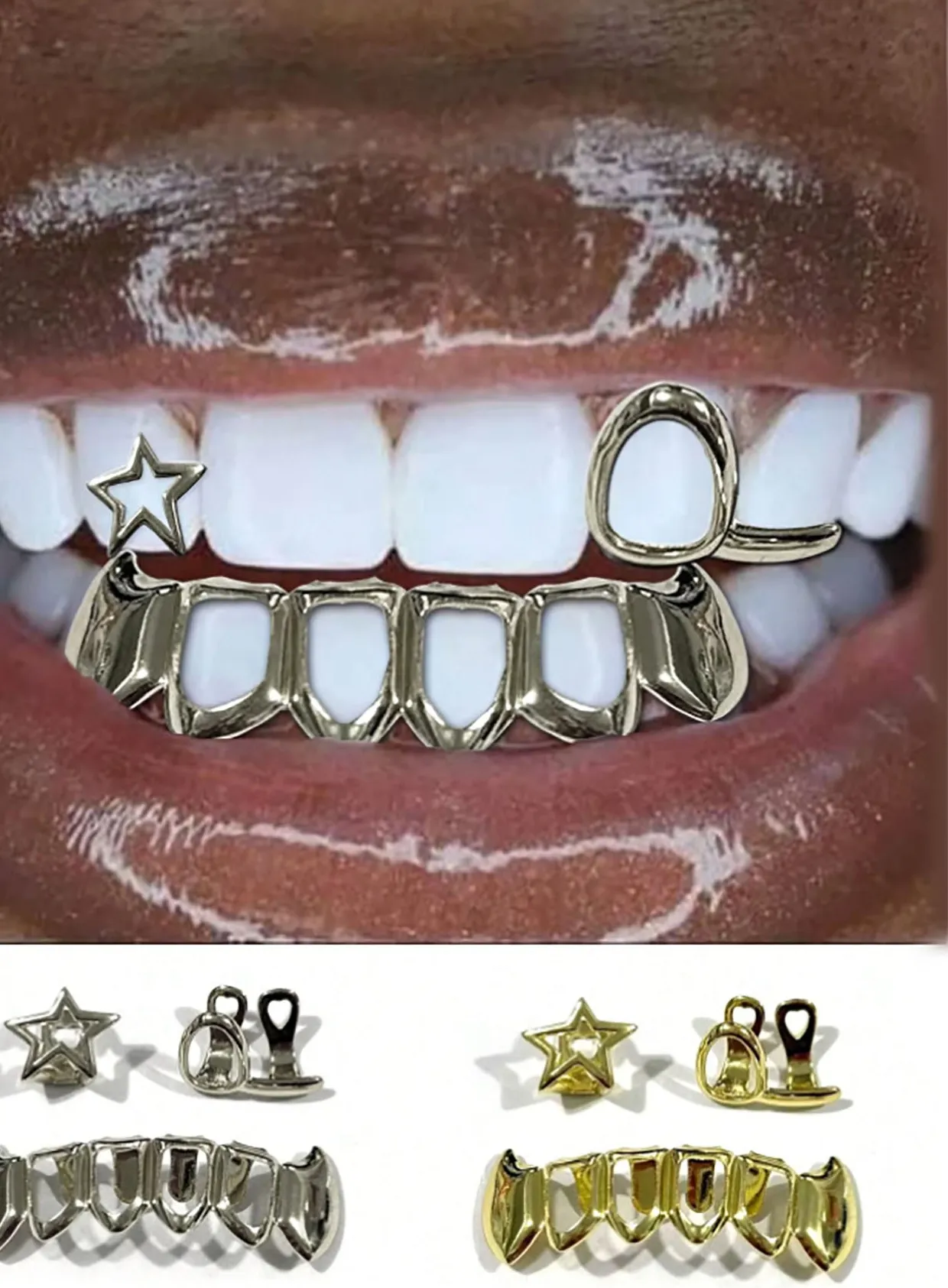 Authentic Fashionable Dental Jewelry With Stars/Hollowed-Out Horizontal Bars/Four-Hollowed-Out Lower Teeth Hip-Hop Dental Jewelry