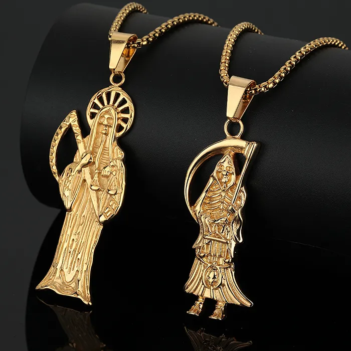 Authentic Hip Hop Bling Gold Color Grim Reaper Pendants Necklace for Men Rapper Jewelry