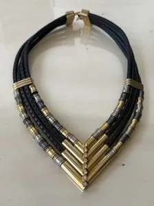 Authentic Vintage Leather Statement Necklace Four strand Made In Italy Gold Plated