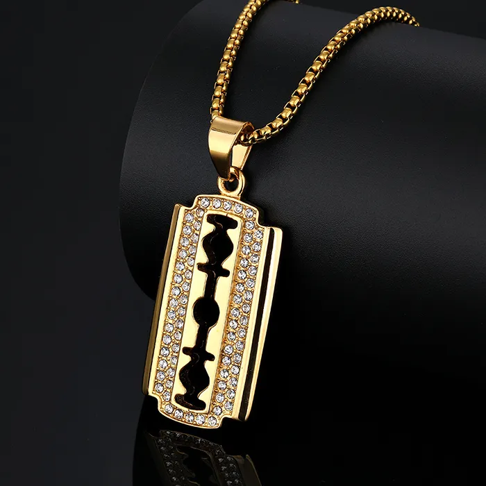 Authentic Hip Hop Bling Iced Out Stainless Steel Blade Barber Pendants Necklace for Men Rapper Jewelry Gold Color