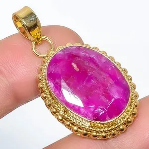 Authentic Ruby (Simulated) Silver Gold Plated Pendant 1.56" P7622-294