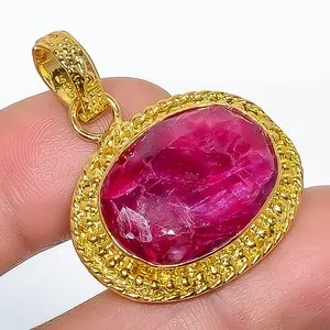 Authentic Ruby (Simulated) Gemstone 925 Silver Gold Plated Pendant 1.37" P7622-290