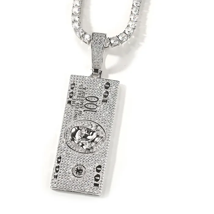 Authentic Hip Hop Prong Setting 3A+ CZ Stone Bling Iced Out 100 Dollars Square Pendant Necklace for Men Rapper Jewelry Gold Silver Color