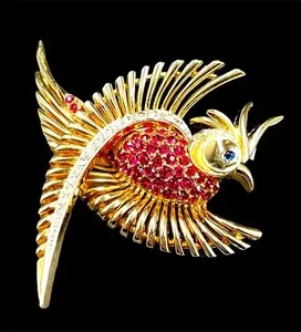 Authentic EXQUISITE MARCEL BOUCHER GOLD PLATED RUBY RED RHINESTONE SWIRL DECO BIRD BROOCH