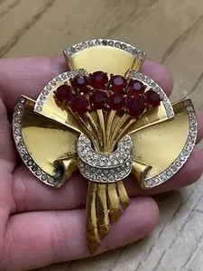 Authentic COROCRAFT ADOLPH KATZ RUBY RED & PAVE' GOLD PLATED STERLING FLOWER BROOCH