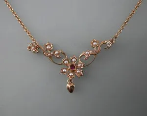 Authentic 9906039-D 925 Silver Rose Gold Plated Art Nouveau Necklace With Ruby And Pearls