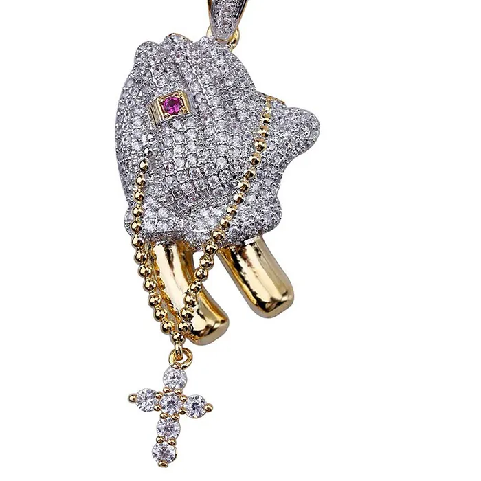 Authentic Hip Hop 3A+ CZ Stone Paved Bling Iced Out Cross Praying Hands Pendants Necklace for Men Rapper Jewelry Gold Silver Color