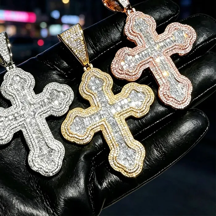 Authentic Hip Hop 3A+ CZ Stone Paved Bling Lced Out Big Cross Pendants Necklace For Men Charm Rapper Jewelry Rose Gold Silver Color