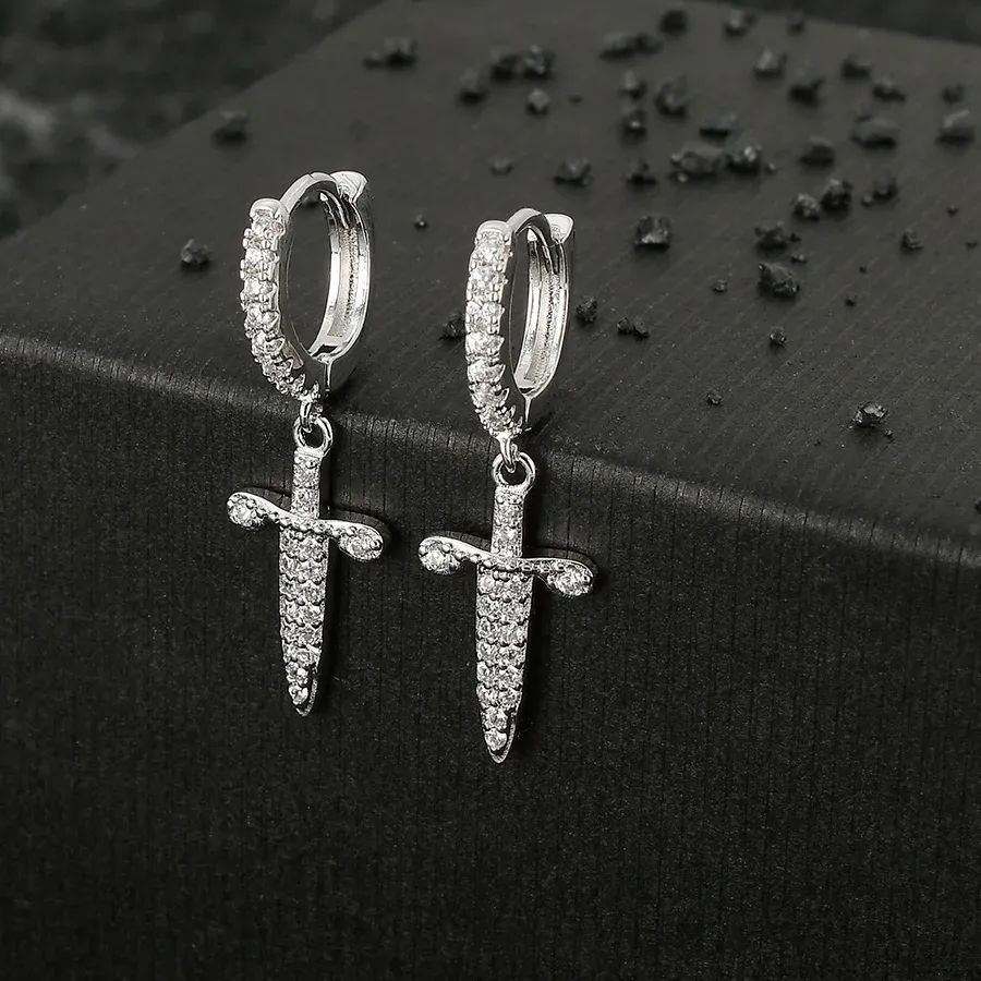 Authentic Rapper Fashion 1Pair Micro Paved Cross Full Bling Iced Out Cubic Zircon Gold Charm Stud Earrings for Men Hip Hop Jewelry