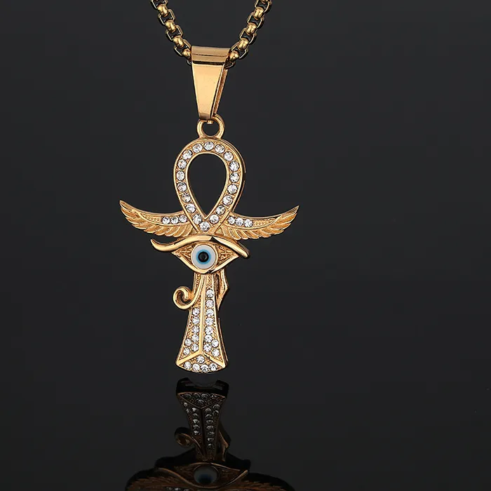 Authentic Hip Hop Bling Iced Out Gold Color Eye of Horus Ankh Cross Pendants Necklace for Men Rapper Jewelry