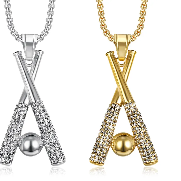 Authentic Hip Hop Bling Iced Out Stainless Steel Baseball Pendants Necklace for Men Rapper Jewelry Gold Silver Color