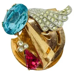 Authentic Celestial Harmony: Vintage Gold-Plated Pink & Azure Glass Talisman Brooch