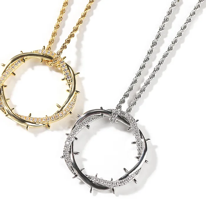 Authentic Hip Hop 5A+ CZ Stone Paved Bling Iced Out Thorn Crown Pendant Necklace for Men Rapper Jewelry Gold Silver Color