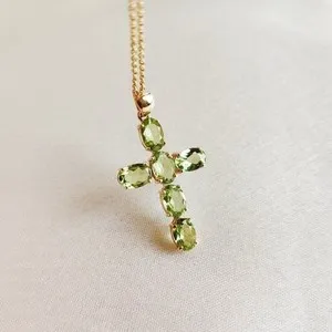 Authentic Peridot Cross Pendant, Gold Plated Silver Pendant, Holy Cross Birthstone Pendant