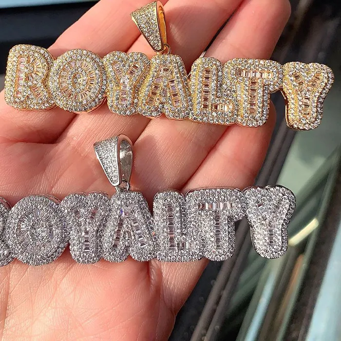 Authentic Hip Hop 3A+ CZ Stone Paved Bling Lced Out ROYALTY Letter Pendants Necklace For Men Charm Rapper Jewelry Gold Silver Color