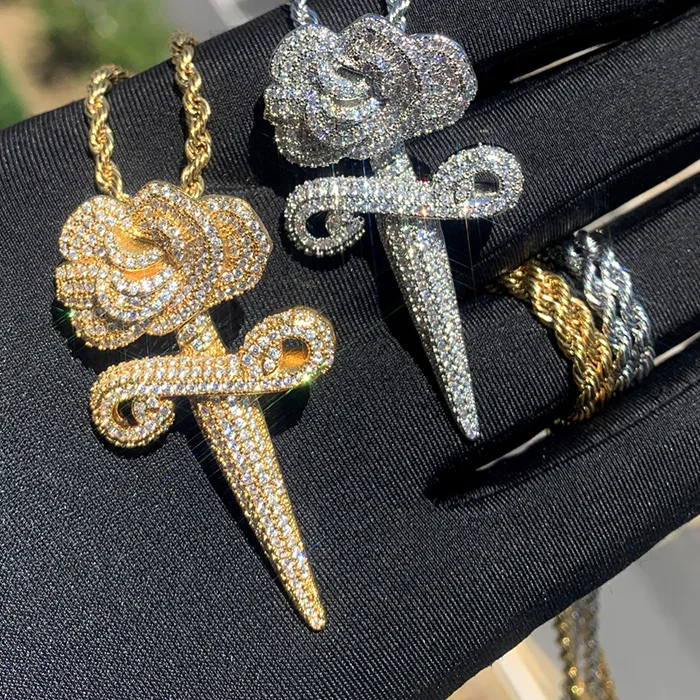 Authentic Hip Hop 3A+ CZ Stone Paved Bling Ice Out Roses Cross Pendant Fashion Trends Necklaces for Men Rapper Jewelry Gold Silver Color