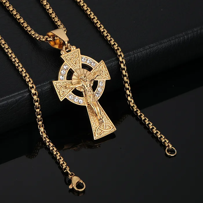 Authentic Hip Hop Bling Iced Out Gold Color Stainless Steel Celtic Knot INRI Crucifix Jesus Cross Pendants Necklace for Men Rapper Jewelry